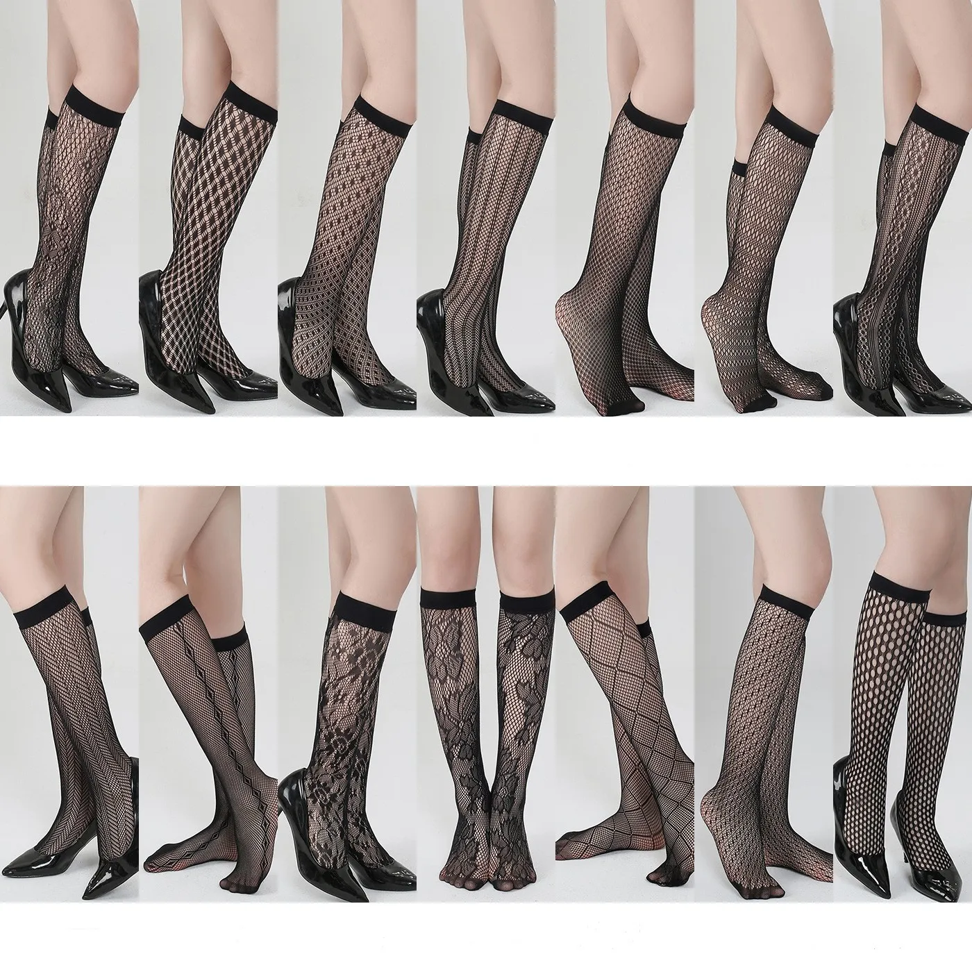 DOIAESKV Fishnet Socks Women Mesh Lace Knee Socks Sexy Ladies Long Socks Transparent Woman Summer High Socks Black Streetwear