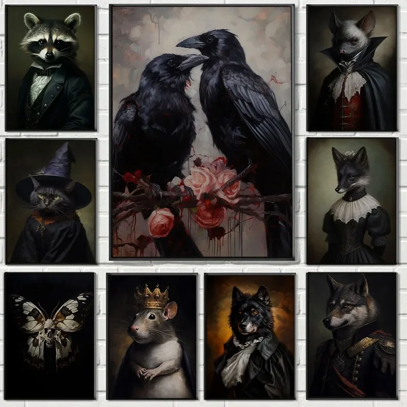 Gothic Romantic Raven Vintage Poster Victorian Animal Portrait Wolf Cat Bat CrowDiamond Painting Wall Art Living Room Home Dec