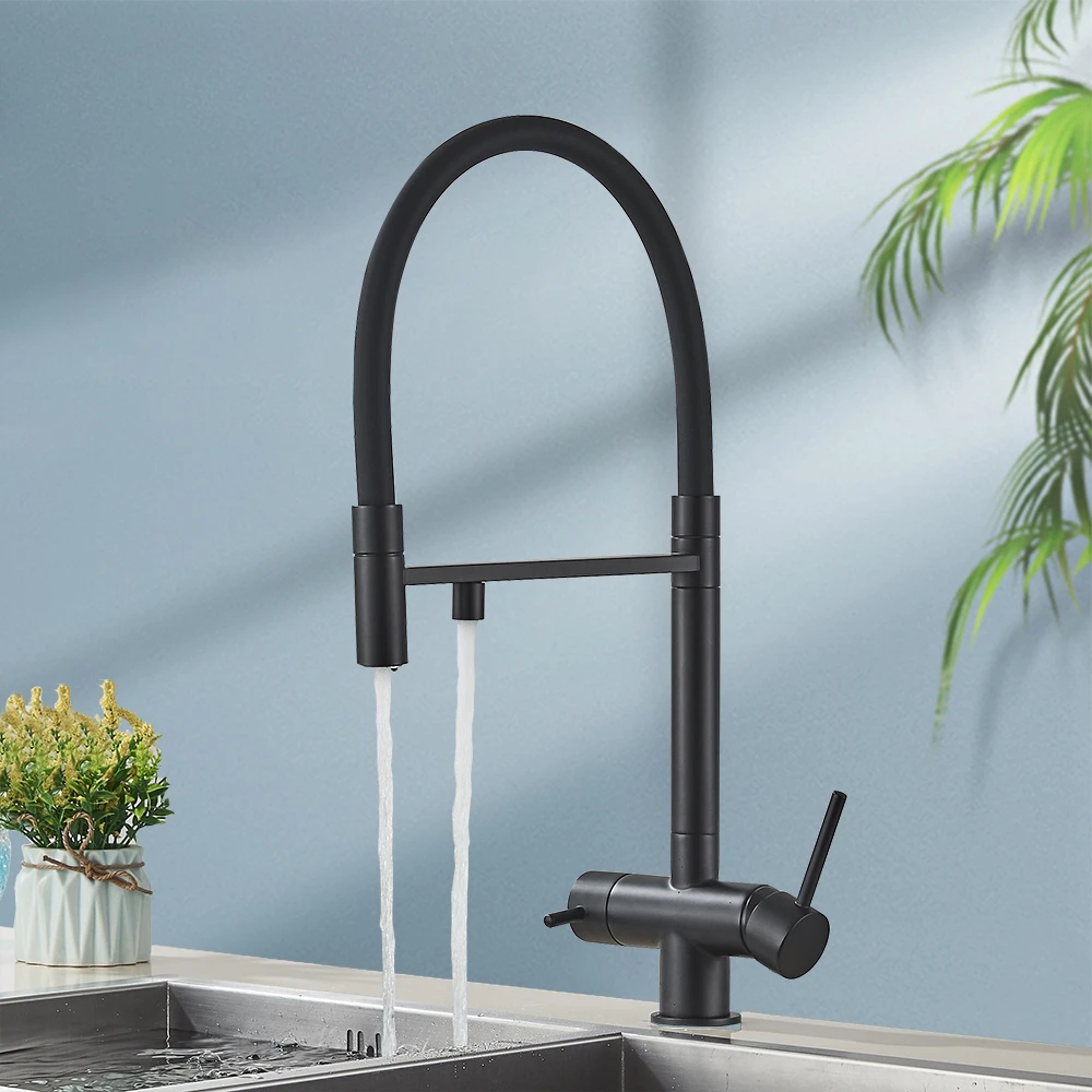 

Filter Water Kitchen Faucet Black Pull Down Flexible Sprayer Deck Mounted Hot Cold Mixer Crane Tap 360 Degree Rotation