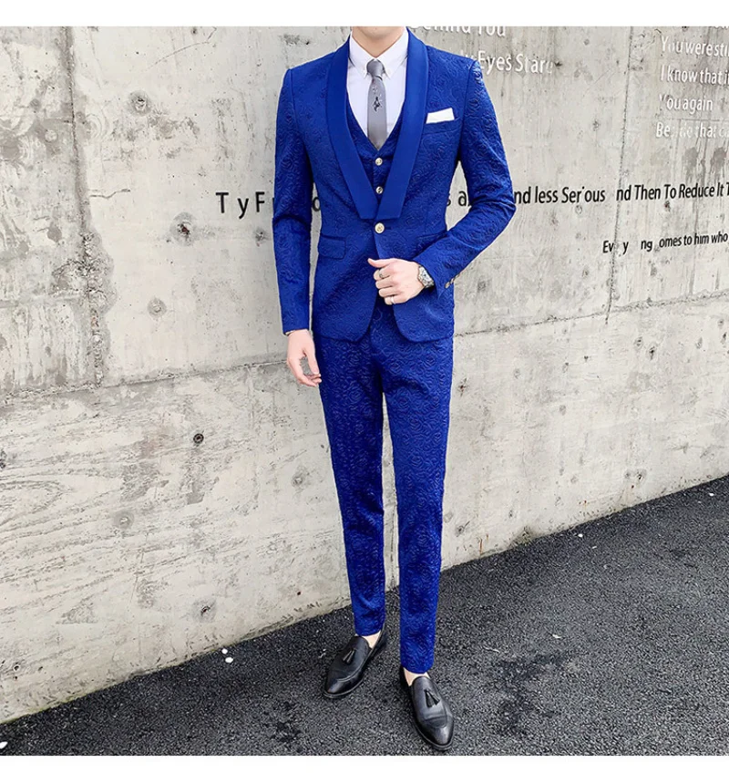 Luxury Blue Suits For Men Black Red White Rose Print Wedding Suits For Men Tuxedo Smoking Homme Mariage Costume 3 Piece Homme