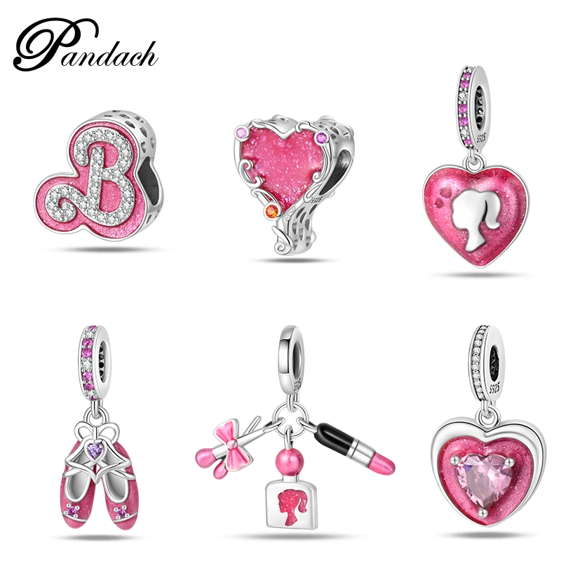 925 Sterling Silver Pink High Heels Lipstick Heart-Shaped Charms Beads Fit Pandora Original Bracelet Fine DIY Party Jewelry Gift