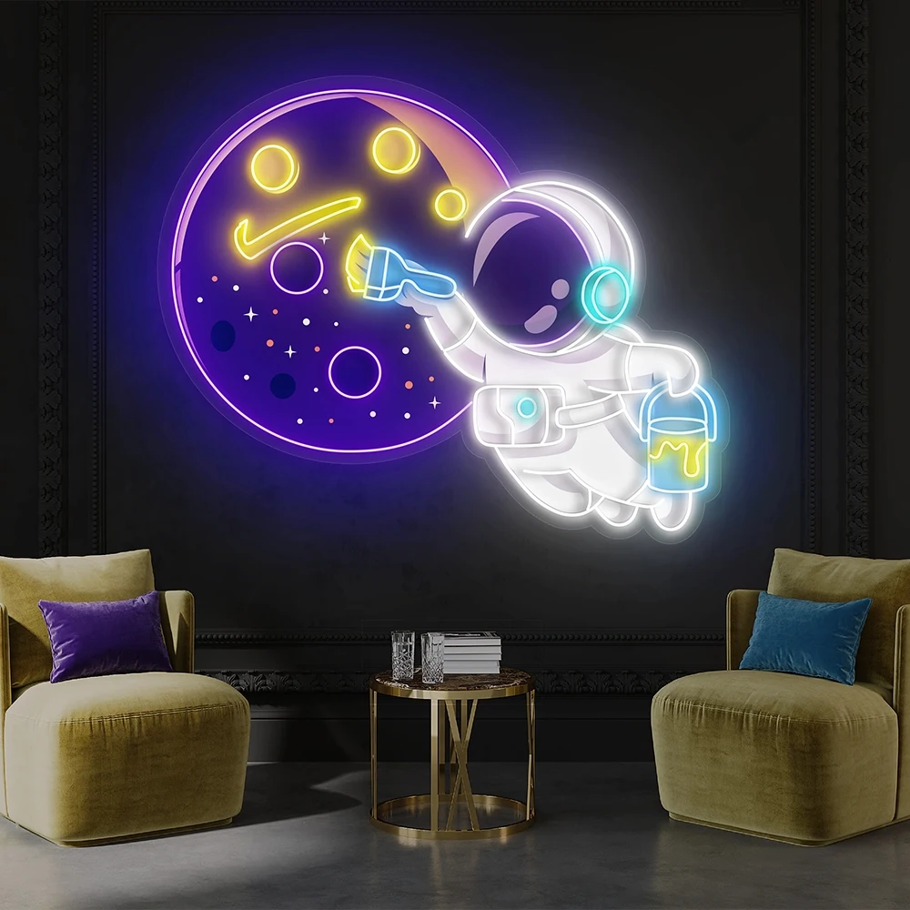 

Astronaut Painting Moon LED Light Sign Bedroom Kids Room Decoration Neon Light Personalized Gaming Room Wall Art Decor Neon Sign