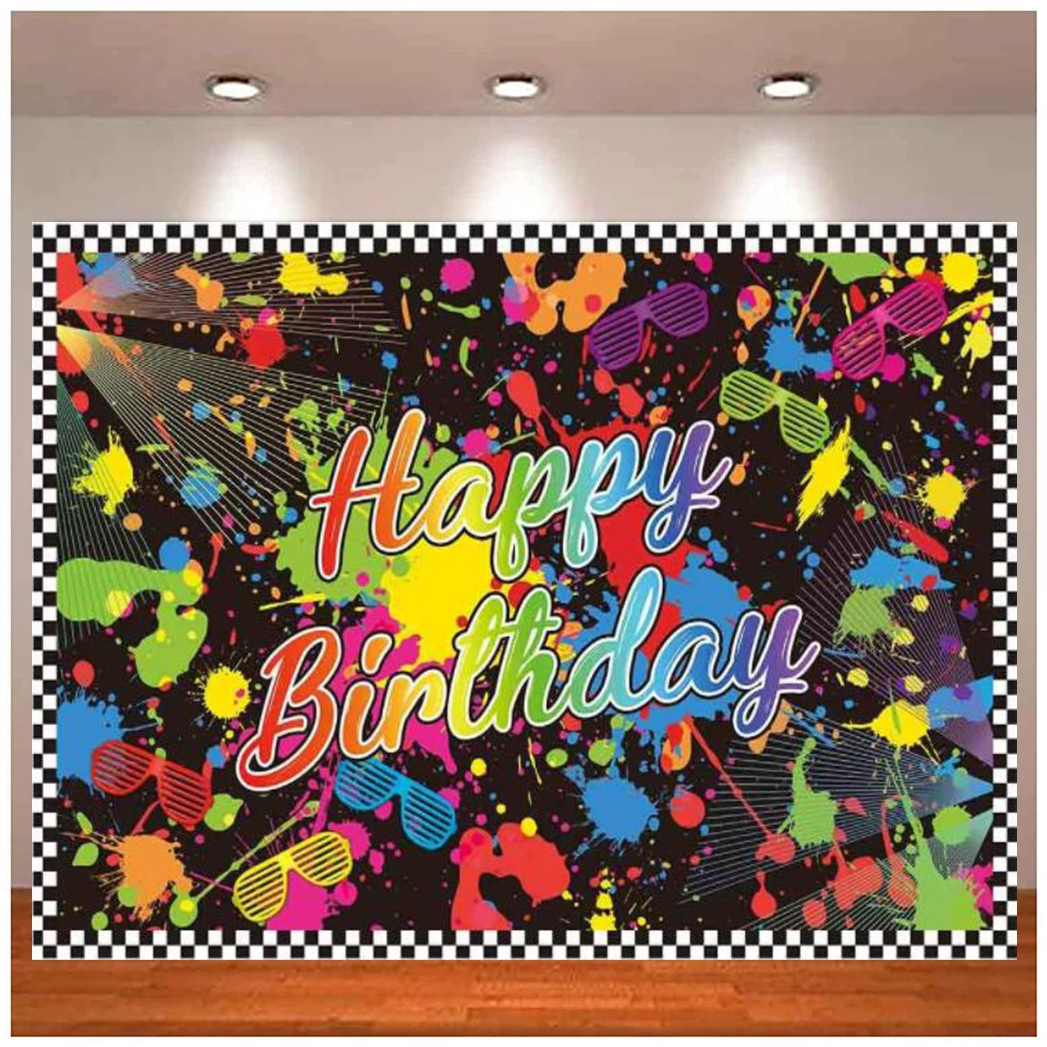 

Neon Glow in The Dark Happy Birthday Backdrop for Kids Sleppover Let's Glow Crazy 80s 90s Party Supplies Banner Decor Background