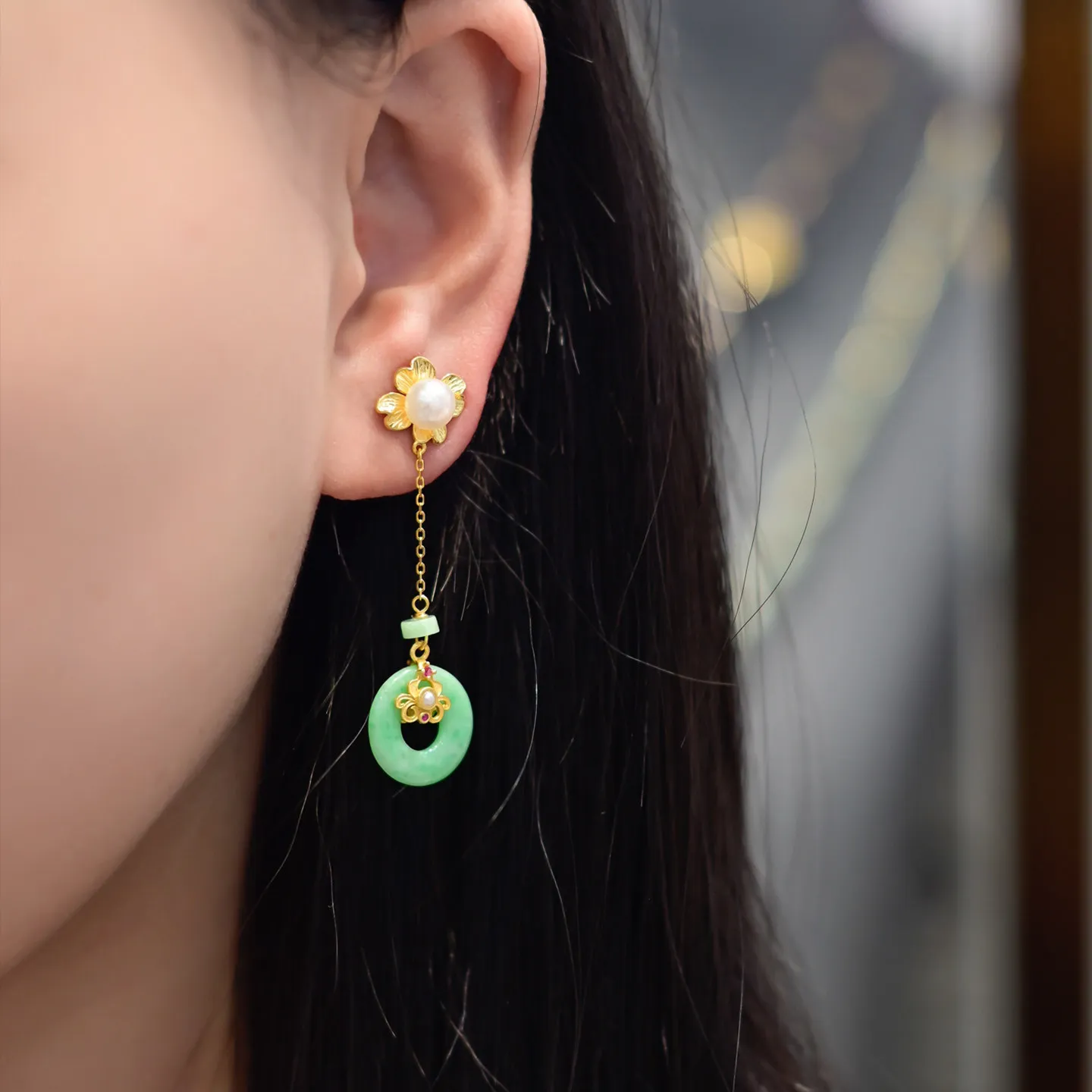 Natural A Grade Jadeite Ping An Buckle Earrings, S925 Silver Four-leaf Clover, Freshwater Pearl Long Dangle Earrings