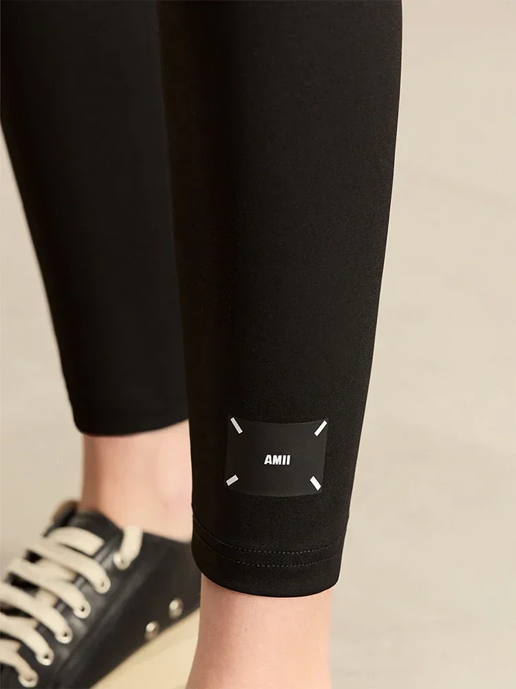 Amii 2025 outono leggings femininas novo fino básico impresso alta elástica pele de tubarão sólida calças yoga senhora calças casuais 12323170