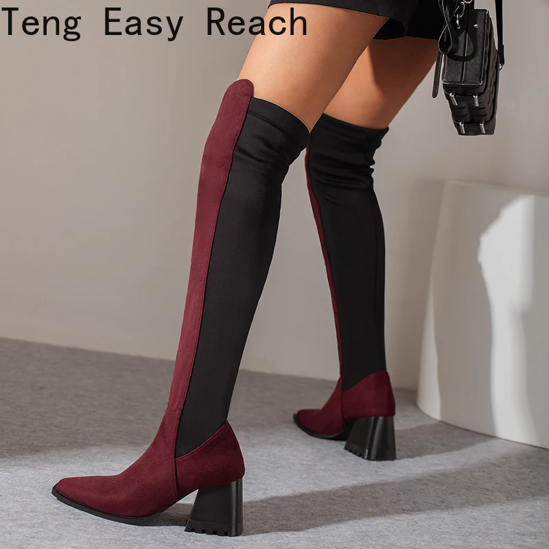 Tapered Chunky Heel Square Toe Stretch Cloth Splicing Scrub Flock Women's Over The Knee Boots Plus Size Slip-On Long Boots