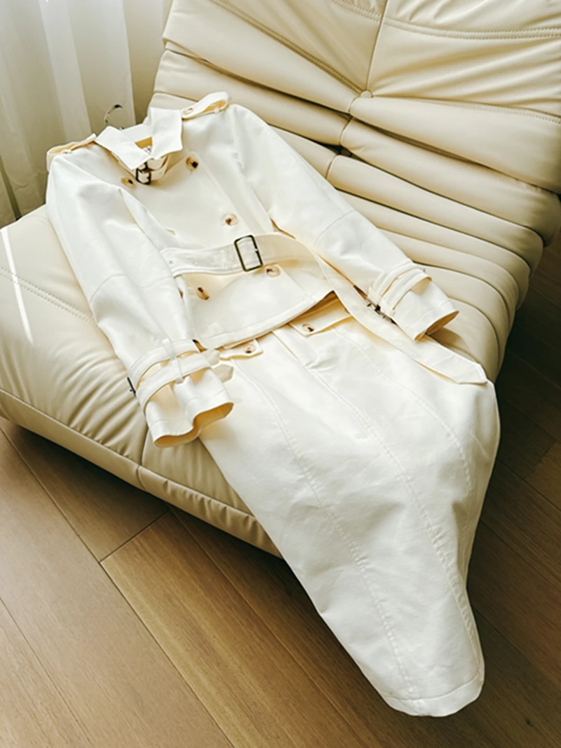 

Elegant Short High Waist Belted Coat with Stand Collar Premium White Fashion Set with Half Body Skirt for Women Winter Wear