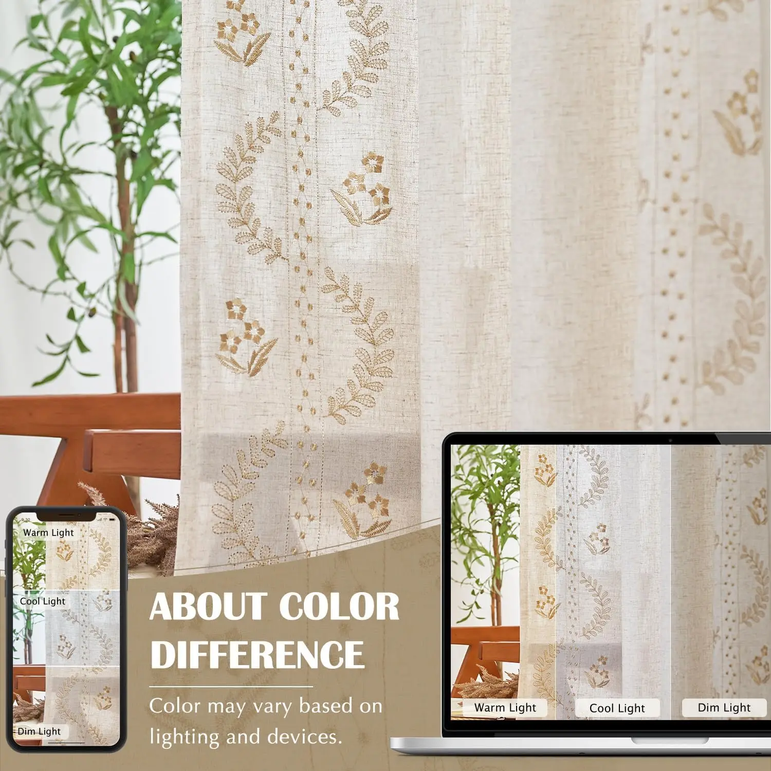 Jinchan tende di lino per camera da letto tende floreali 63 pollici di lunghezza misto lino Beige tende ricamate fiore della fattoria