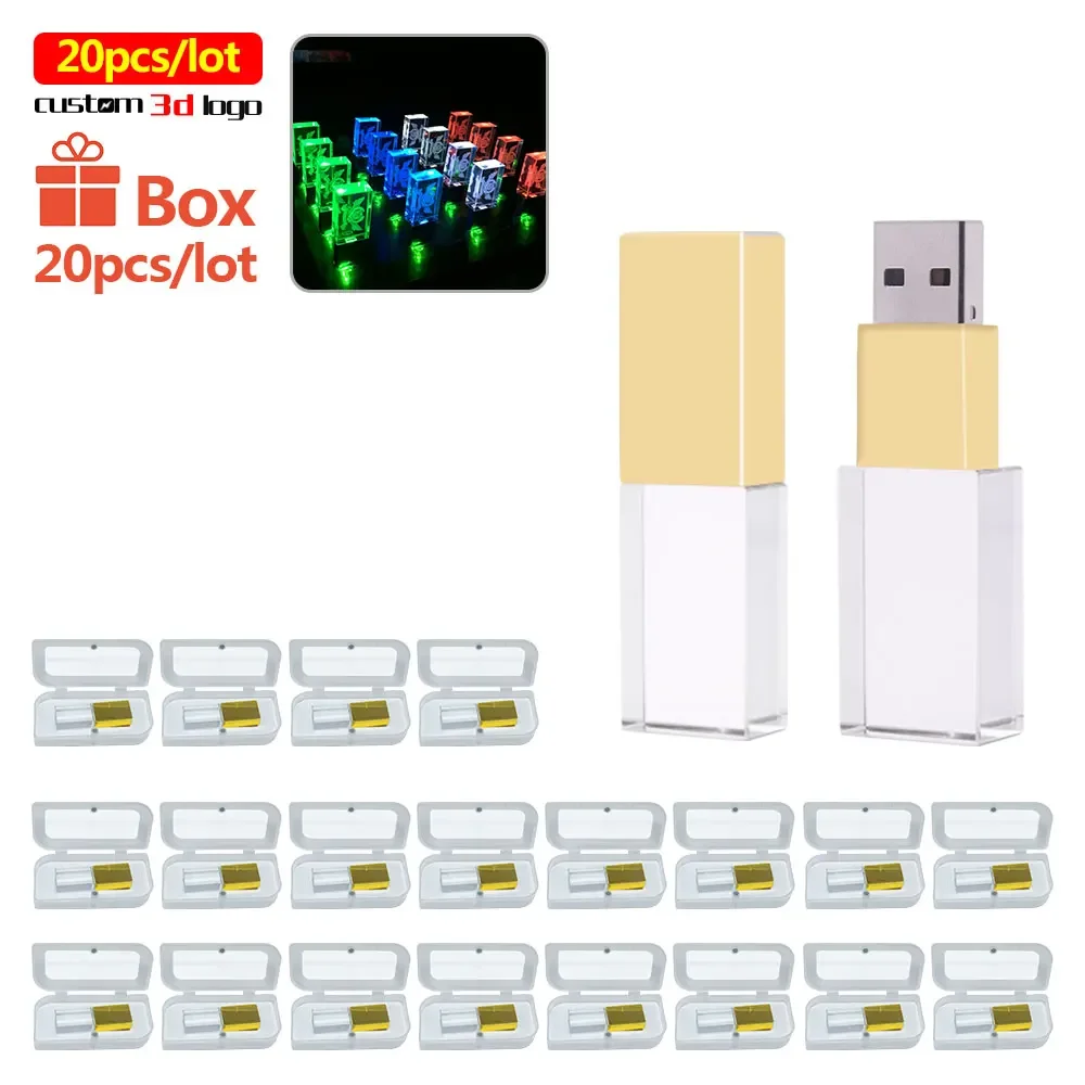 

New Crystal 20pcs USB Flash Drive with LED Light Usb 2.0 4GB 8GB 16GB 32GB 64GB Photography Gifts Pendrive Custom Logo Pen Drive