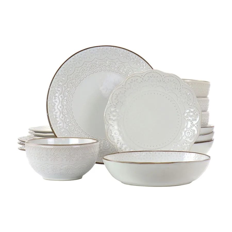 

Countess 16 Piece Embossed Double Bowl Stoneware Dinnerware Set in Ivory