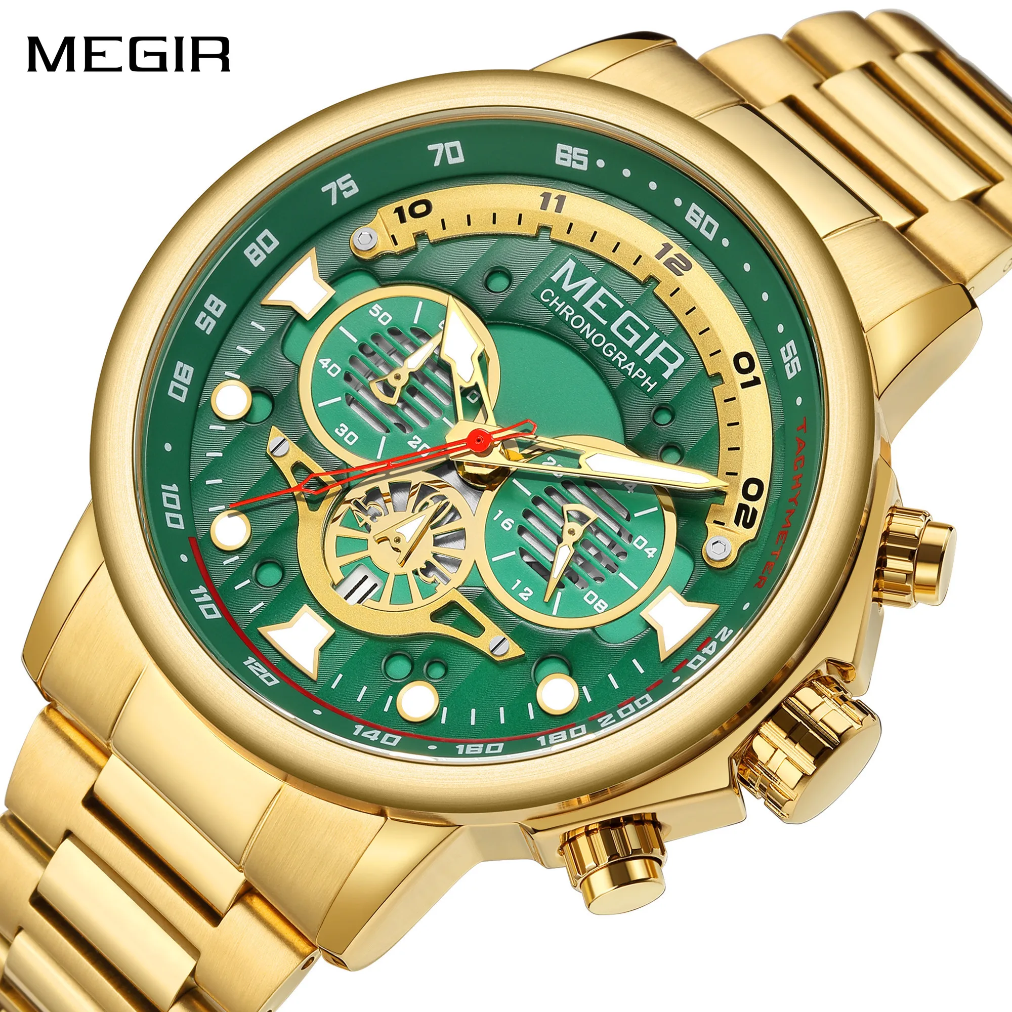 

MEGIR браслет из нержавеющей стали, деловые часы для мужчин, водонепроницаемые светящиеся мужские наручные часы с хронографом Reloj Hombre 2223