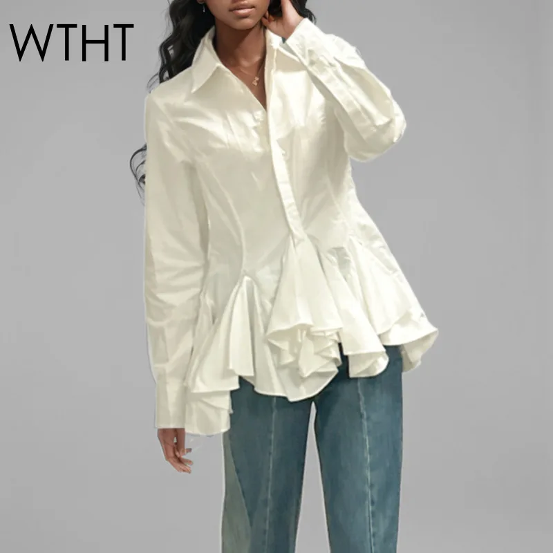 

WTHT 2025 Spring New Solid Color Ruffled Edge Design Waist-slimming Shirt Fashion Lapel Long Sleeves Blouse Female 1LS776