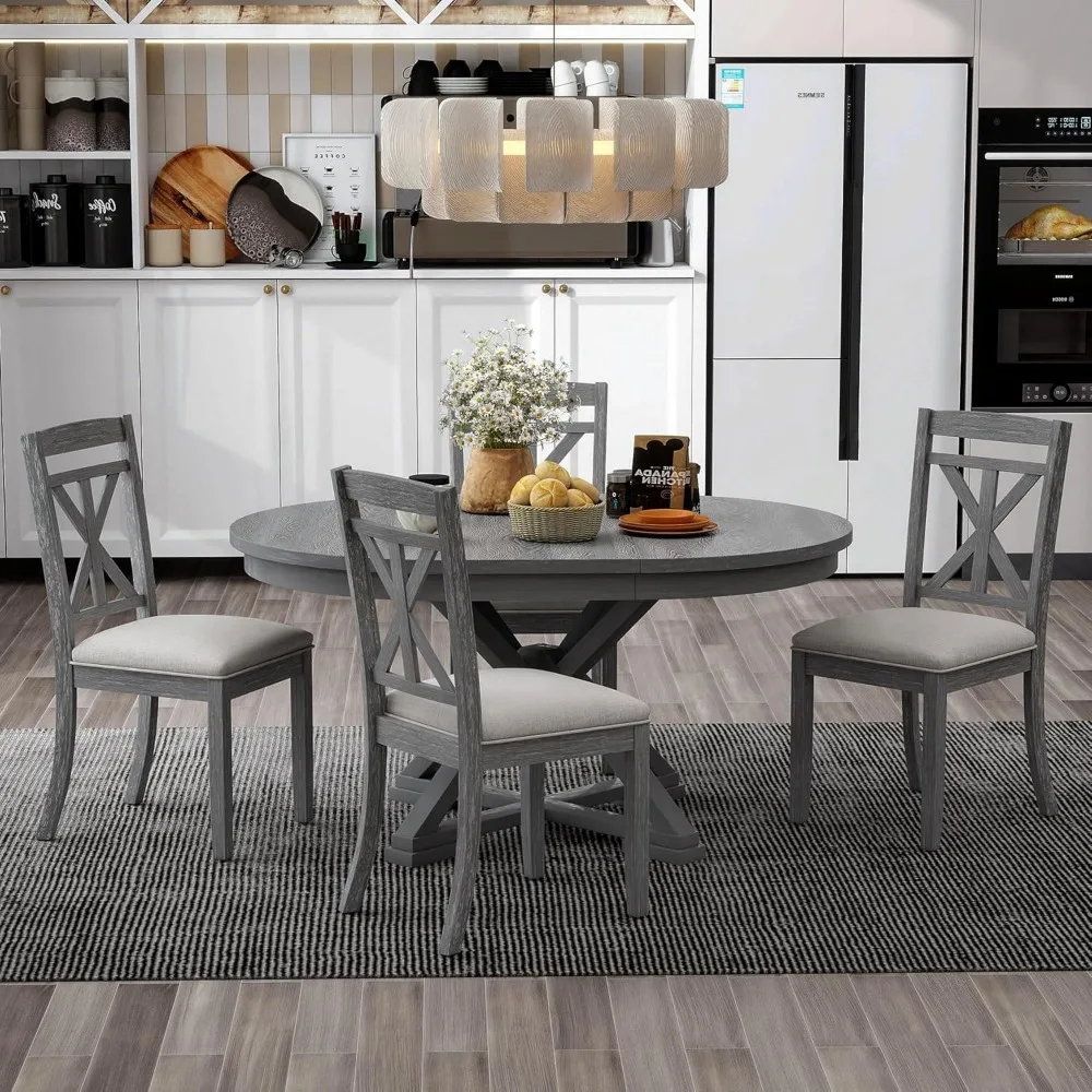 طقم طاولة طعام مستديرة قابلة للتمديد مكون من 5 قطع مع 4 كراسي منجدة