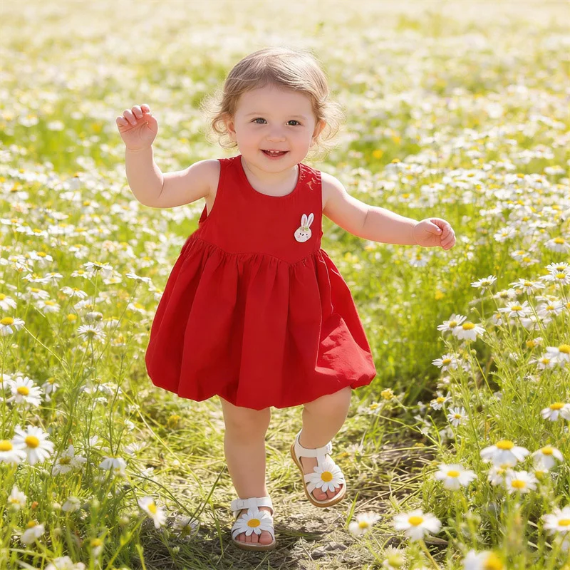 Toddler Girls Bunny Embroidery Dress Children Sleeveless Bubble Hem Sundress Cute Summer Casual Outfit For Infant Baby Kids 0-3T