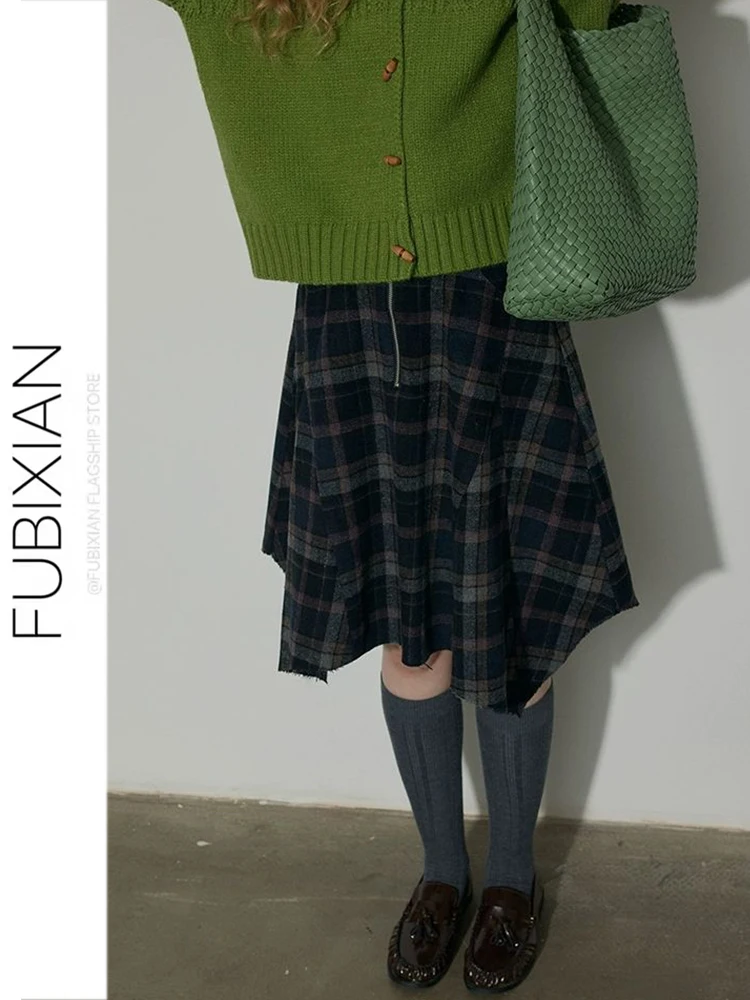 

Осенне-зимняя клетчатая юбка женская повседневная универсальная с высокой талией А-силуэта асимметричная стройнящая миди-юбка