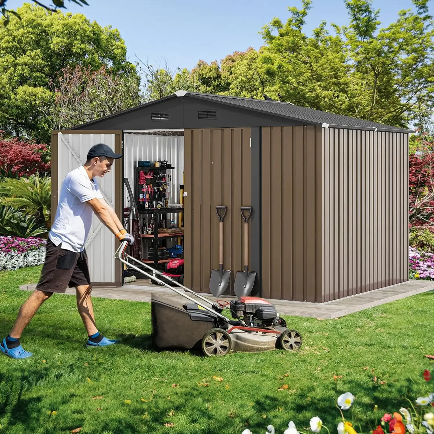 Steel Shed 10x8ft for Outdoor Storage W/ A Window, Secure Tool Storage Unit, Large Garden Shelter W/ Angled Roof, Dark Gray