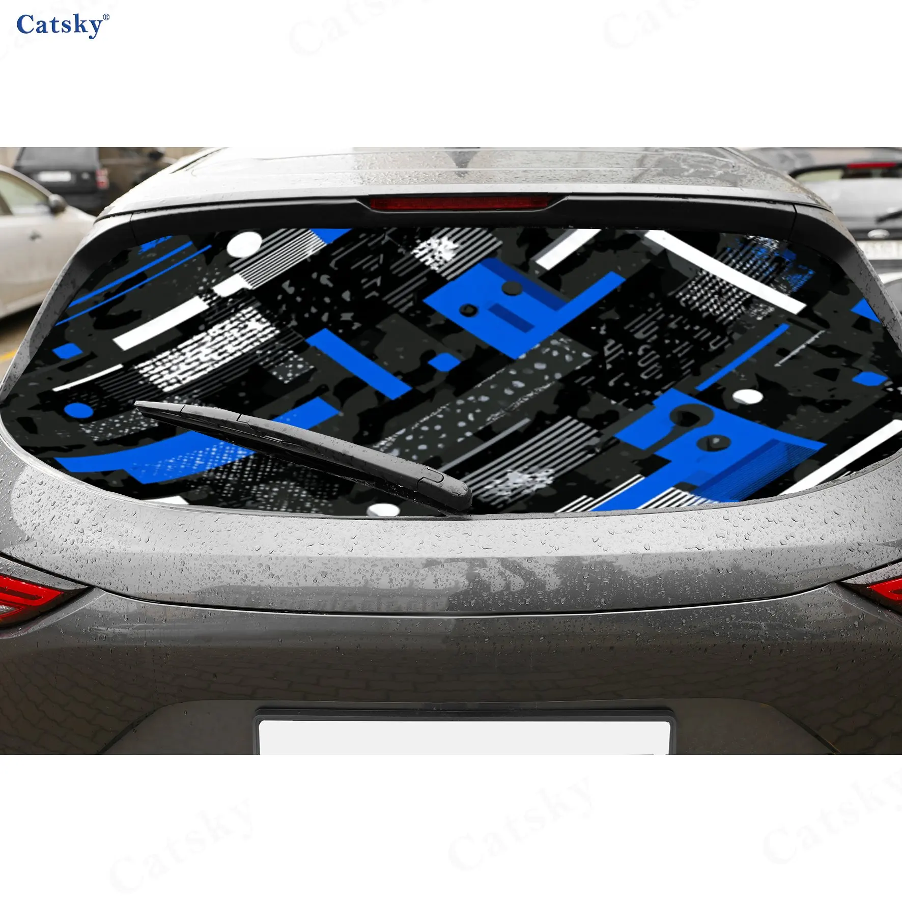 

Blue White Black Abstract Geometric PVC Perforated Car Rear Window Vinyl Wraps, Durable Waterproof Car Rear Windshield Sticker