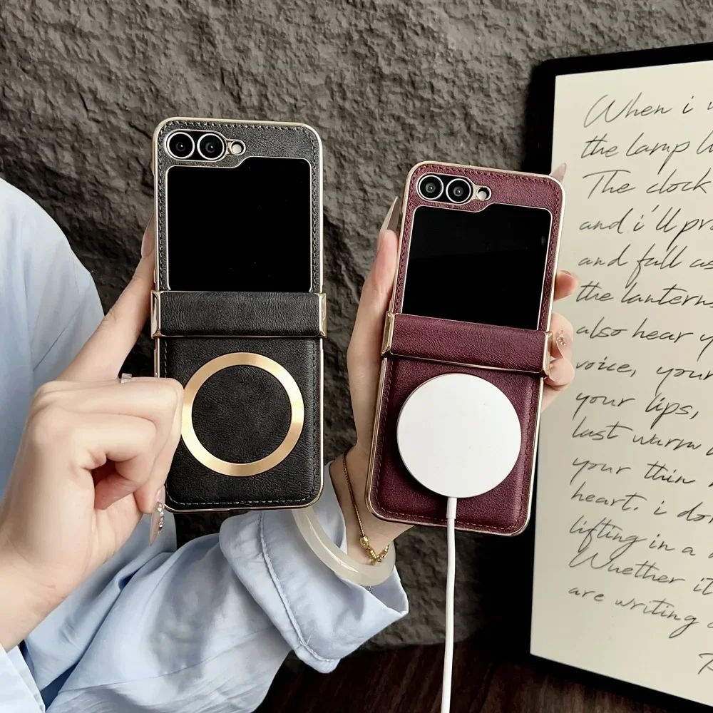 

High-end Busien Sle Plating Leather Magsafe Phone Case for Samsung Galaxy Z Flip 7 6 5 4 3 Wireless Charging Hinge Protect Cover