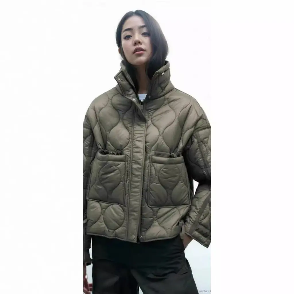 Jaket Katun Hijau Militer Wanita Kerah Tegak Model Longgar Anti-Dingin Gaya Komuter Mantel Katun Pendek
