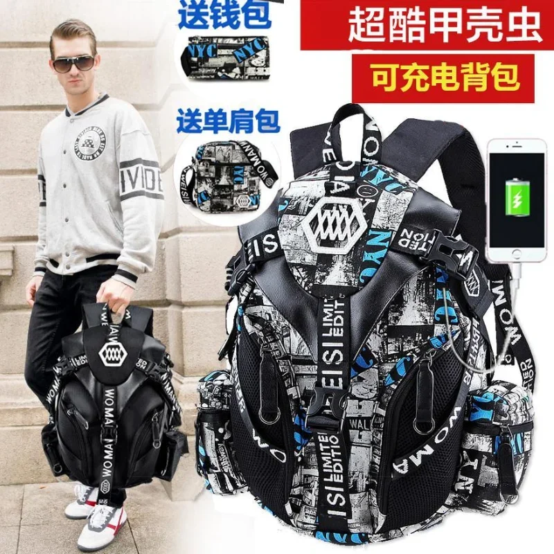 

New Male Backpack Beetle Fashion Trend Personality Middle High School Students Color Bag Female Teenagers Waterproof Schoolbag