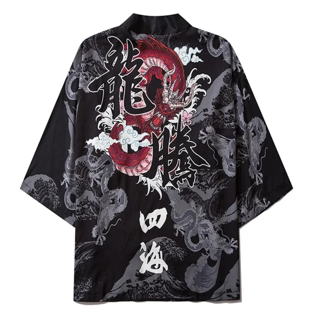 Kimono estampado dragão para homens e mulheres, estilo japonês, gráfico tradicional carpa, yukata, cardigã harajuku fashion, haori solto, chinês