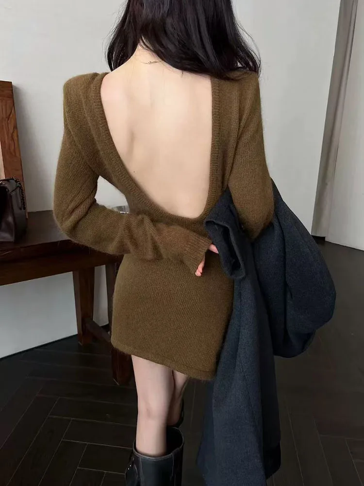 Sexy Backless Knitted Mini Dress Women Y2K Fashion Streetwear Long Sleeve Sweater Dress Korean Elegant All-Match Knit Vestidos