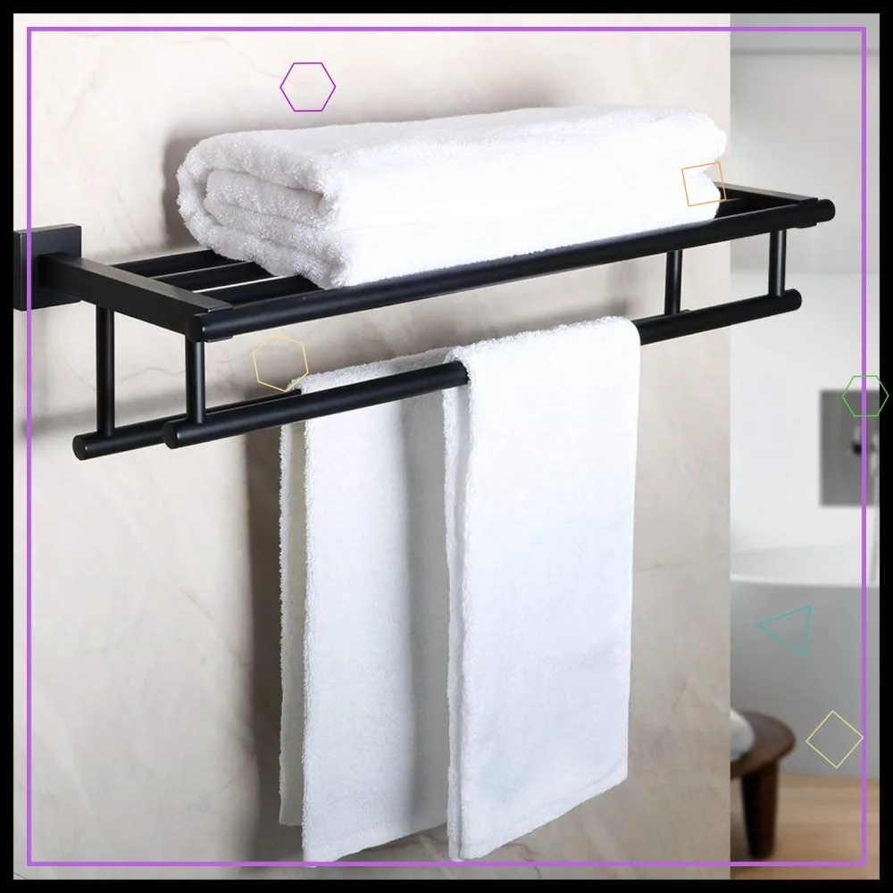 

24-дюймовая матовая черная двойная вешалка для полотенец с полкой, настенный держатель для полотенец из нержавеющей стали SUS304 для ванной комнаты