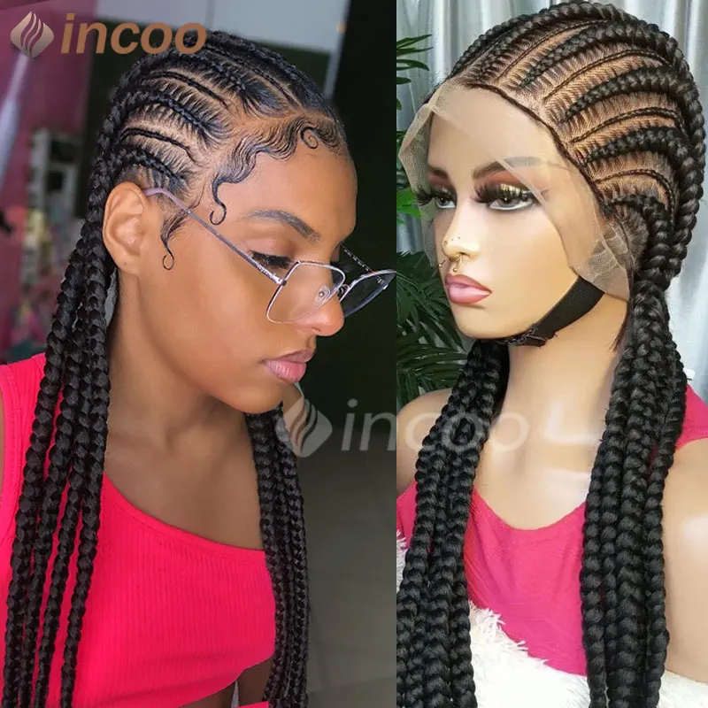 Pelucas sintéticas trenzadas de encaje completo para mujeres negras, caja sin nudos Jumbo de 36 ", trenzas de aciano, pelucas de cabello africano