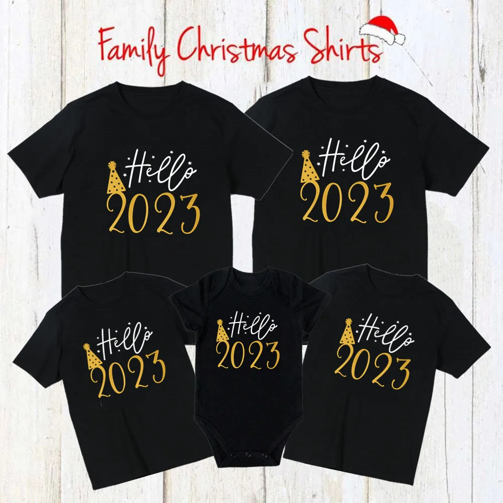 

Hello 2023 Family Matching Outfits Mother Father and Daughter Son Tshirt Baby Romper Family Look New Year's Clothes Xmas Gift