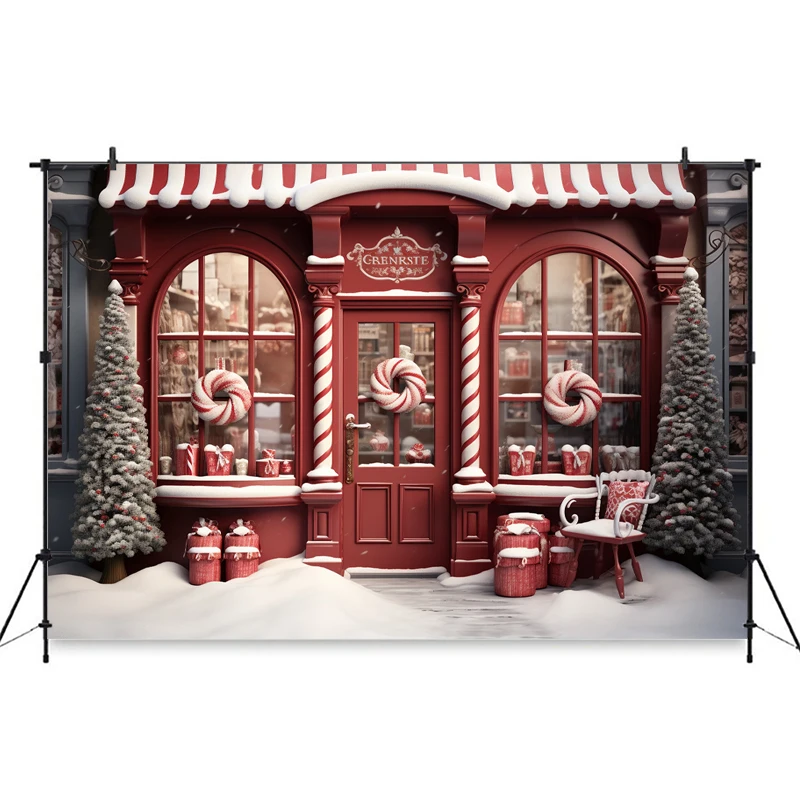 Mocsicka Casa di Natale Sfondo Fotografia Albero di Natale Neve Negozio di caramelle Decorazione Baby Kid Foto Sfondo Studio Puntelli Banner
