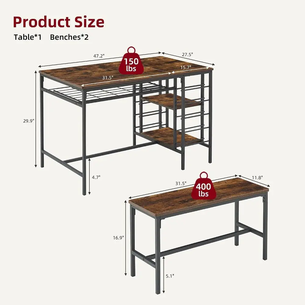 Dining Table Set or 4, Kitchen Table Set or 4 with 2 Benches, 3 Piece Dining Room Table Set or Small Space Aparent, Retro Brown