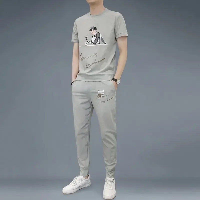 Sweatsuit ผู้ชายชุดกางเกงเสื้อ Tracksuit ใหม่ในการจับคู่เสื้อผ้าราคาถูก Kpop Casual Basic Baggy ชาย T เสื้อกางเกงชุด