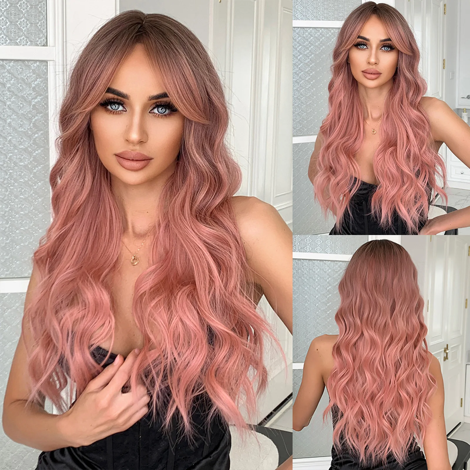 

New wig eight-character bangs pink top of the head gradual change big waves long curly hair full head wigs