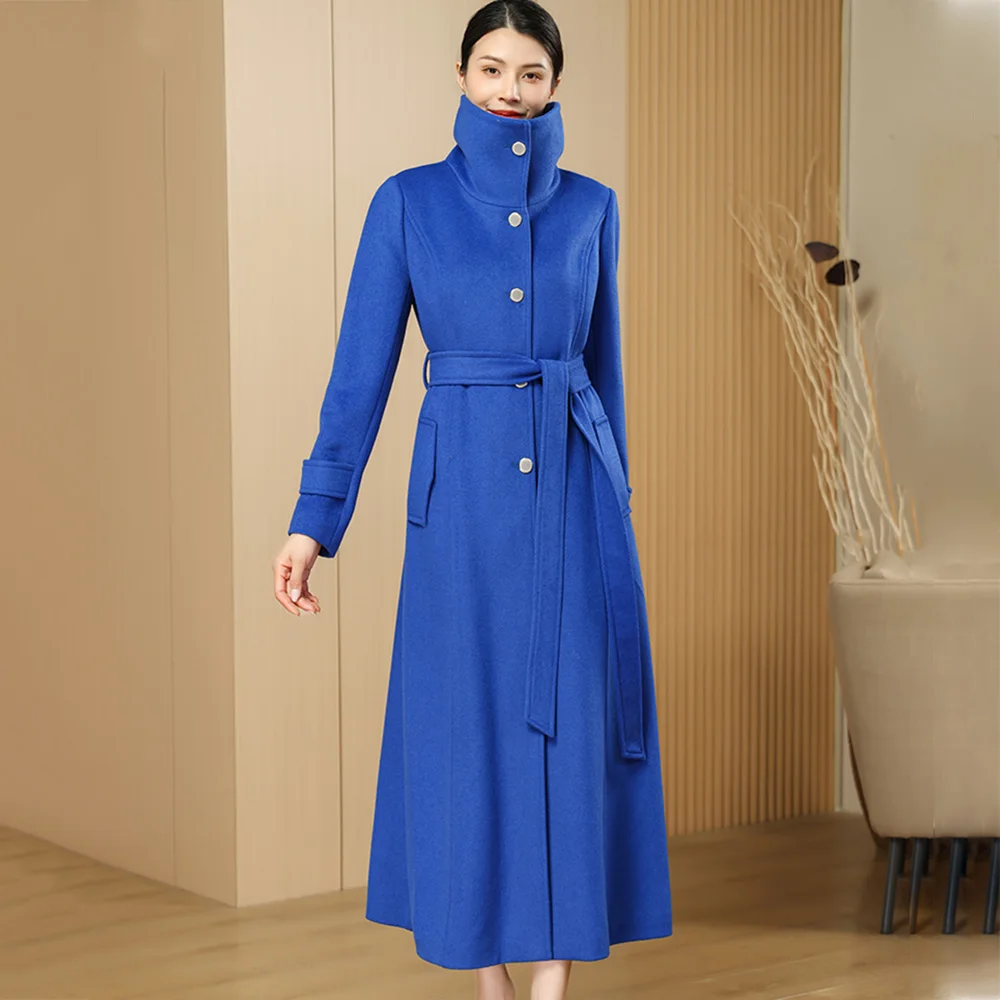 

New Women Simplicity Stand Collar Woolen Coat Autumn Fashion Single Breasted Slim Waist Wool Blended Coat Elegant Long Coat