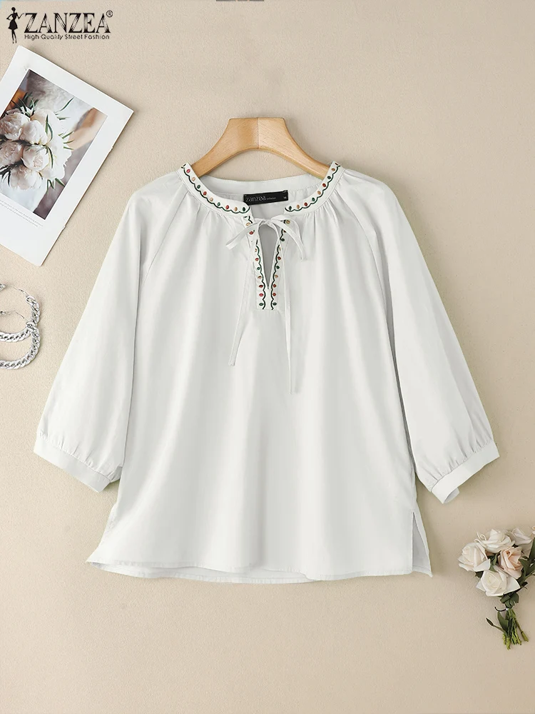

ZANZEA Casual 3/4 Sleeve Blusas Mujer Lace-Up V-Neck Embroidery Vintage Everyday Tops 2025 Summer Solid Cotton Woman Blouses