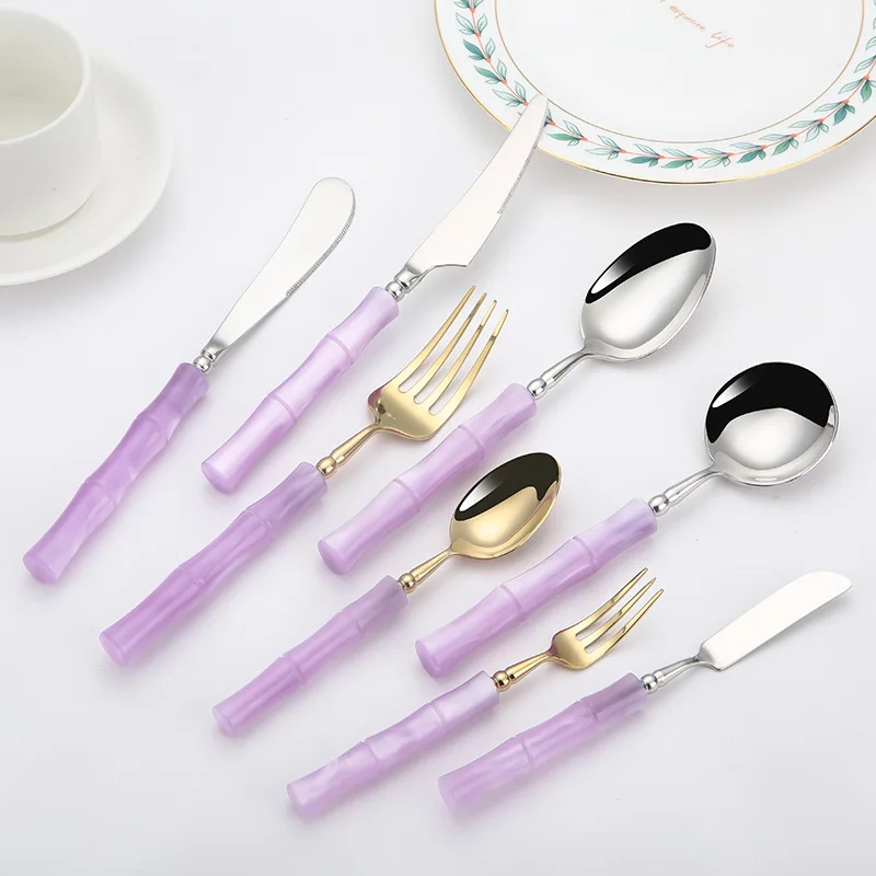 LMM stainless steel tableware knife and fork spoon violet acrylic bamboo knife and fork