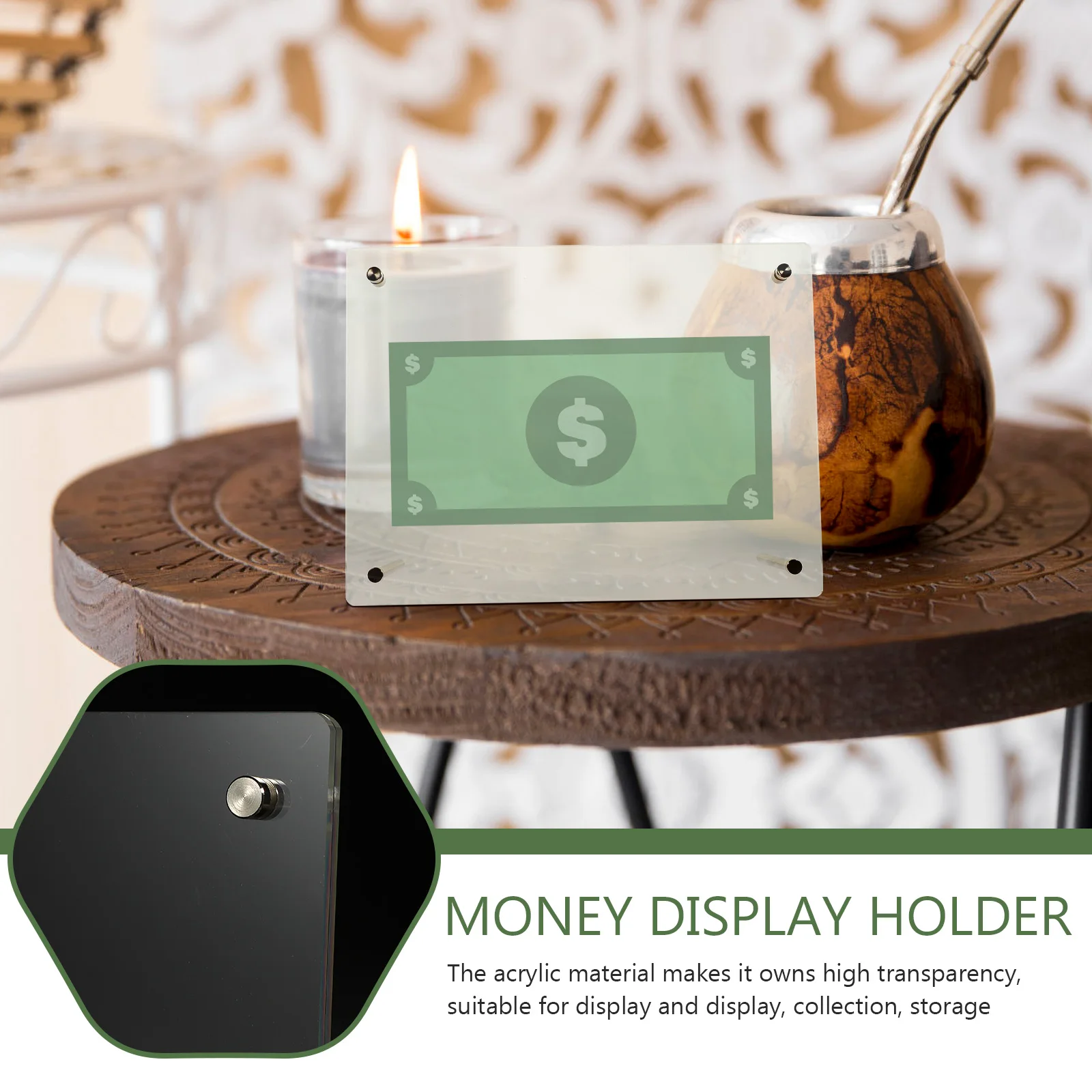 

Acrylic Money Holder Dollar Bill Rack Clear Cash Display Box for Bills Stamps Photos Storage Double Sided Easy Assembly