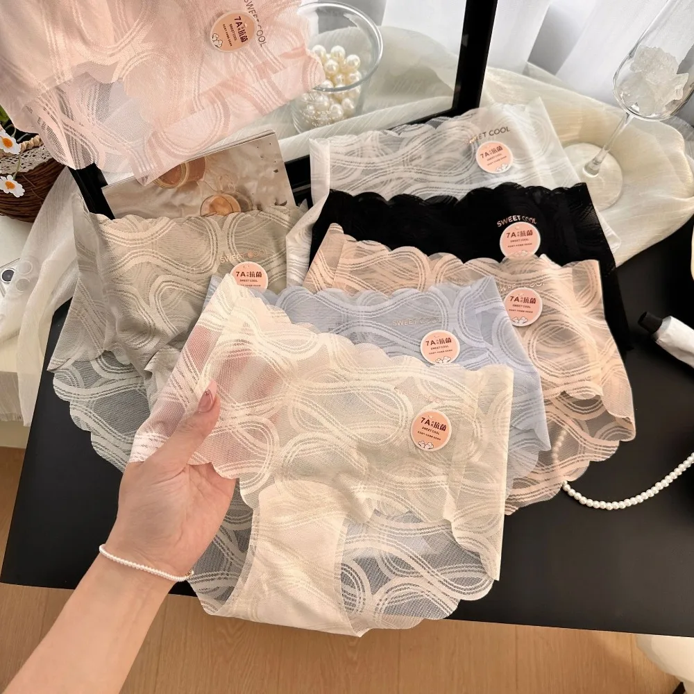 Comfortable Sweet Lace Mesh Panties Mid Waist Thin Seamless Briefs Cotton Crotch Underpants Underwear for Women Ladies