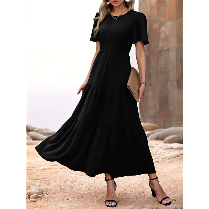 Women's Summer Casual Short Flutter Sleeve Round Neck Smocked Waist Tiered Boho Floral Flowy Maxi Dress-A55G