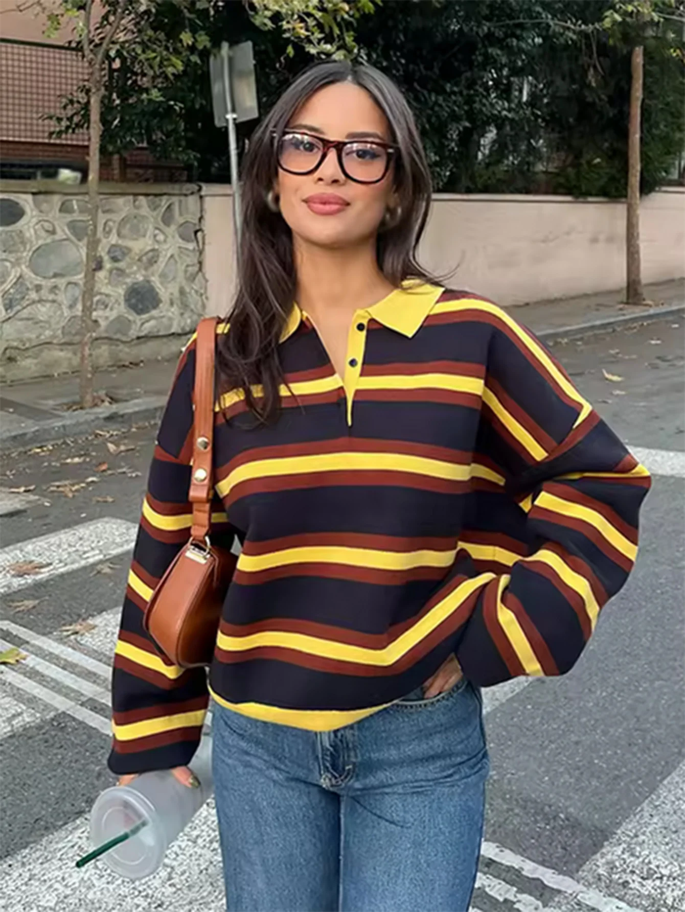 

Women Autumn Winter Contrast Color Striped Knitted Pullover Women Lapel Loose Long Sleeve Sweater Vintage Fashion Tops