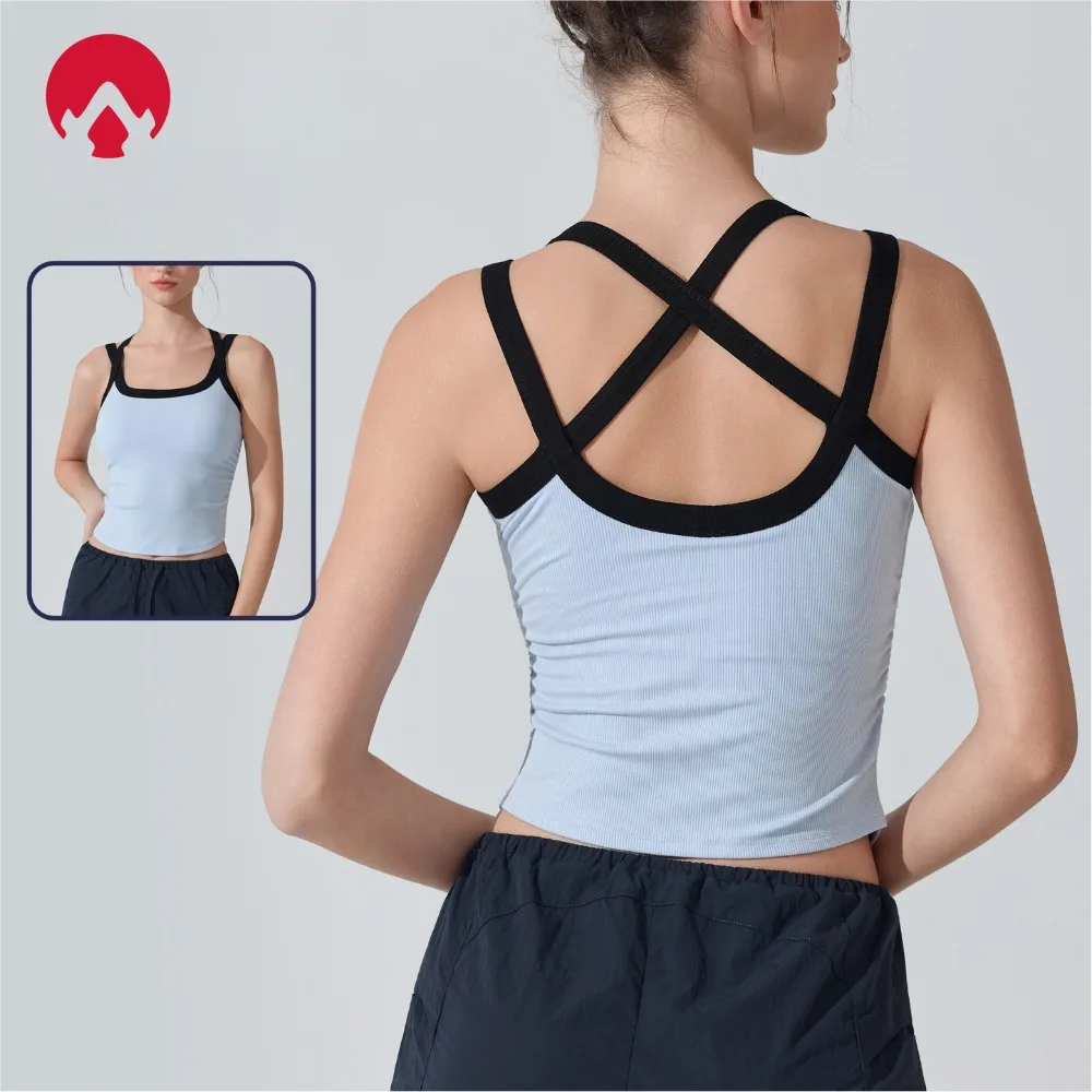 Ribbed Sports Backless Tank Top with Removable Bra - Color Block Cross Strap Sexy Slim Fit for Running Gym Yoga Workout