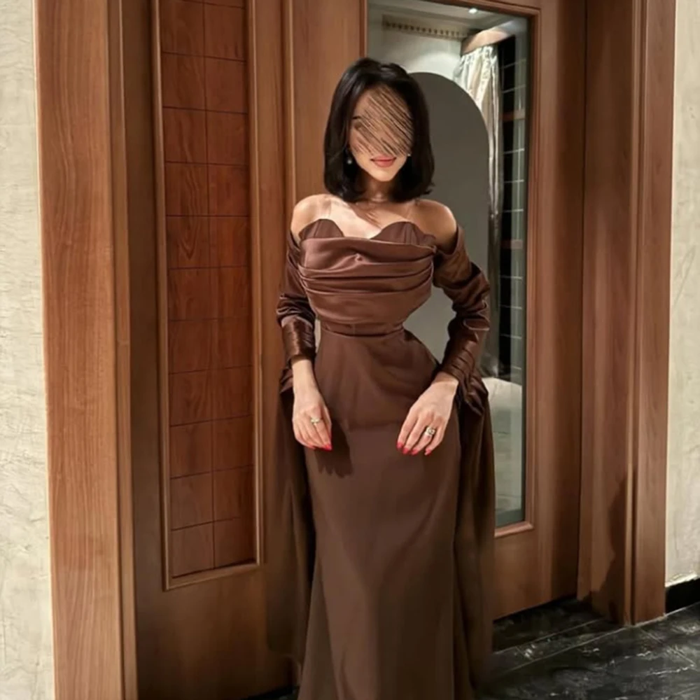 

Customized Brown Satin Strapless Straight Formal Evening Dress Full Sleeves Pleat Sweep Train Floor Length Party Prom Gowns