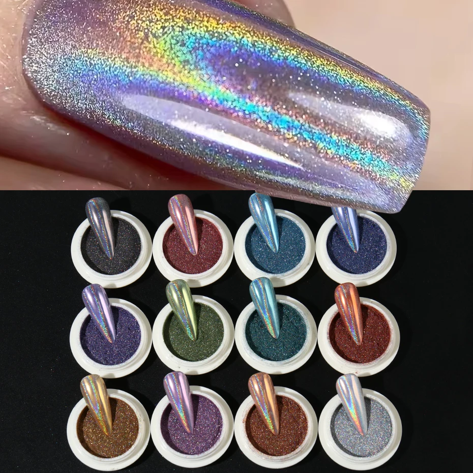 12 stuks holografisch chroom nagelpoeder glitter laser zilver roze metallic regenboog wrijven stof pigment nagelkunst decoraties make-up
