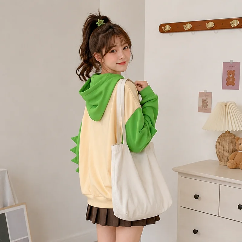 Dinosaur Graphic Hoodie Cartoon Print Long Sleeve Oversized Pullover Sweatshirt Cute Y2K Streetwear Casual Hooded Top