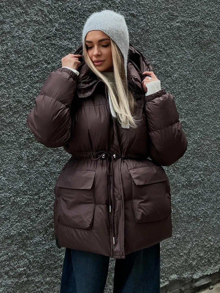 Women Winter New Solid Zipper Hooded Cotton Jacket Casual Long Sleeve Pocket Loose Warm Coat 2024 Lady Chic Highstreet Outwear