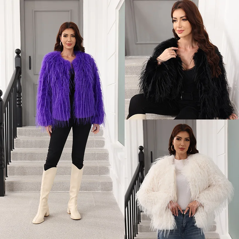 เสื้อคลุมขนสัตว์เทียมสำหรับผู้หญิง ทรงหลวม แฟชั่น ขนฟ็อกซ์เทียม หนังเทียม ทรงสั้น อุ่นสำหรับฤดูหนาว