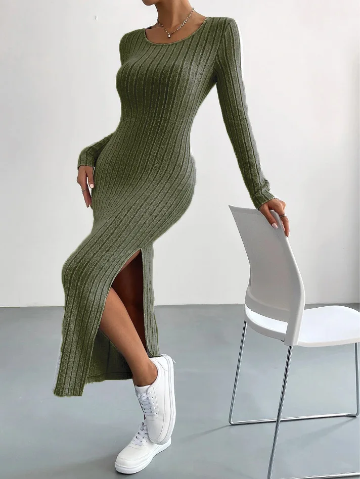 Autumn And Winter Casual Large Size Knitted Dress For Women Sexy Slim Elegant Retro Long Skirt Long Sleeve Round Neck Slit Dress