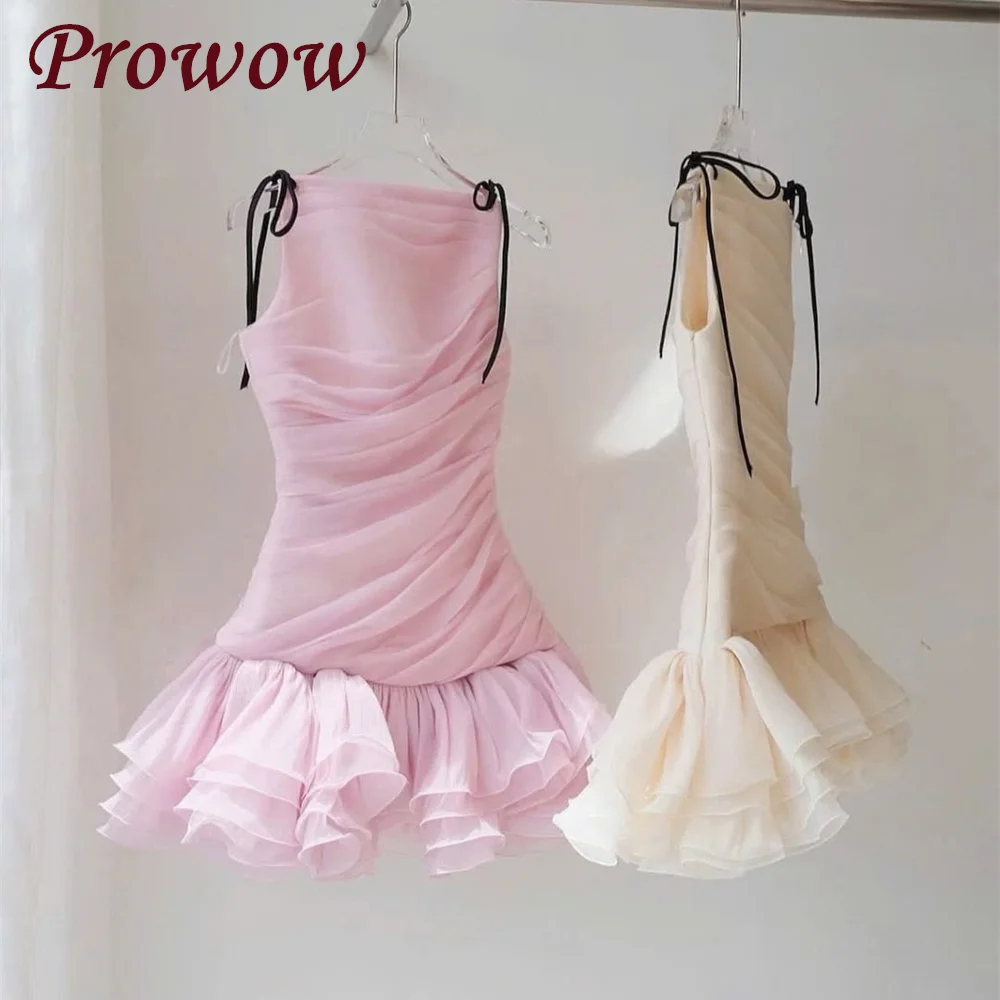 

Prowow Modern Puffy Short Prom Cocktail Dresses Pleats Chiffon Mini Wedding Party Gowns Customized Ruffles Spaghetti Straps