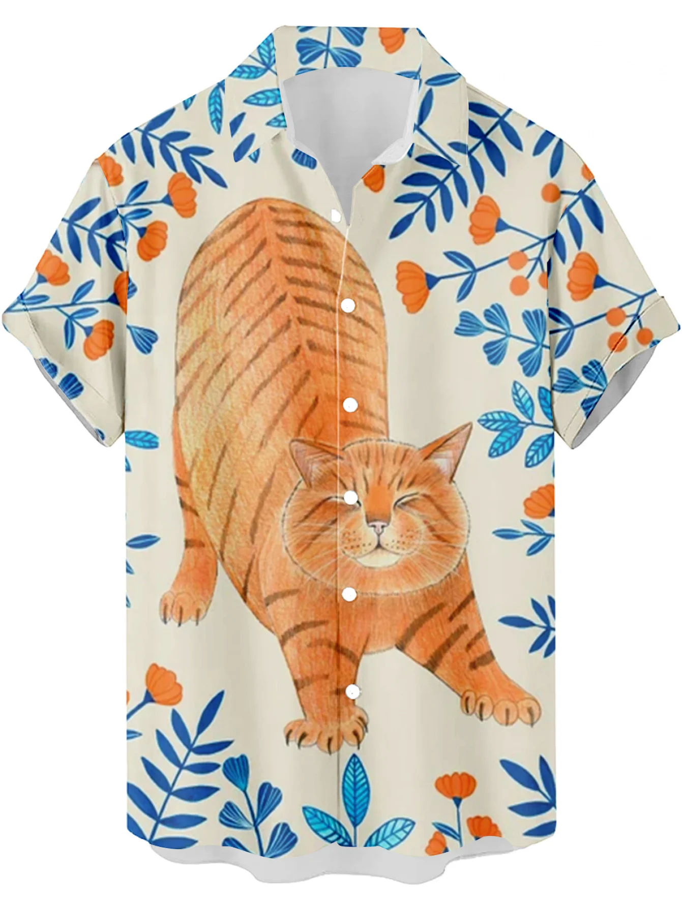 Men's Premium Choice Printed Design  Not Textured, Men's Hawaiian Shirt with Vintage Kitten Pattern, Beach Vacation Casual Shirt