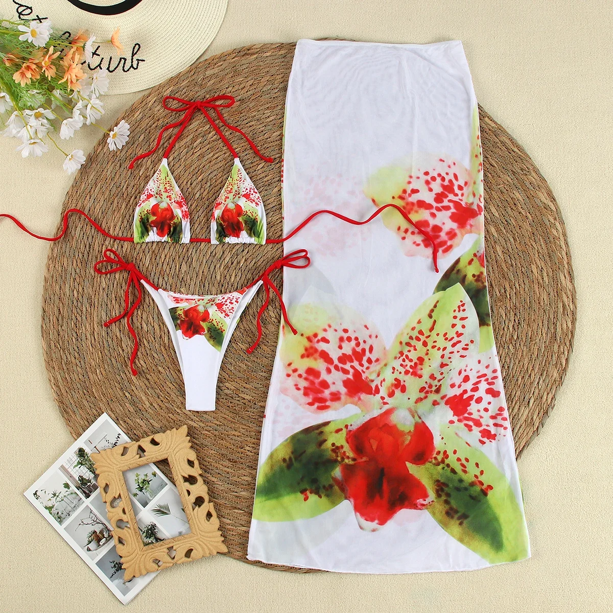 

Sexy Print 3 pieces Micro Bikinis Women Swimsuit 2024 Swimwear Bathing Suit Beachwear With Long Skirt Bikini Set Biquini female